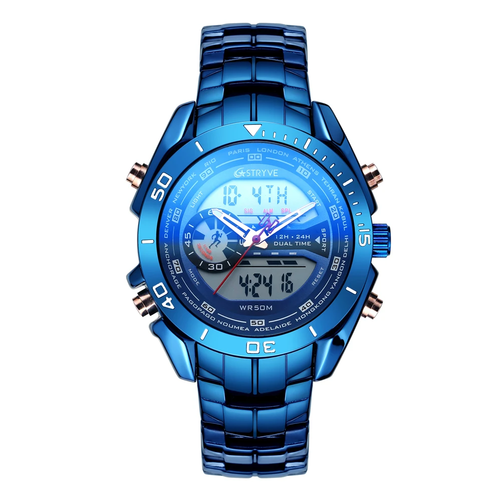 High Quality Men\'s Stainless Steel Business Watches Stryve 8019 Waterproof Quartz Digital Dual Time Sport Watch OEM Accept