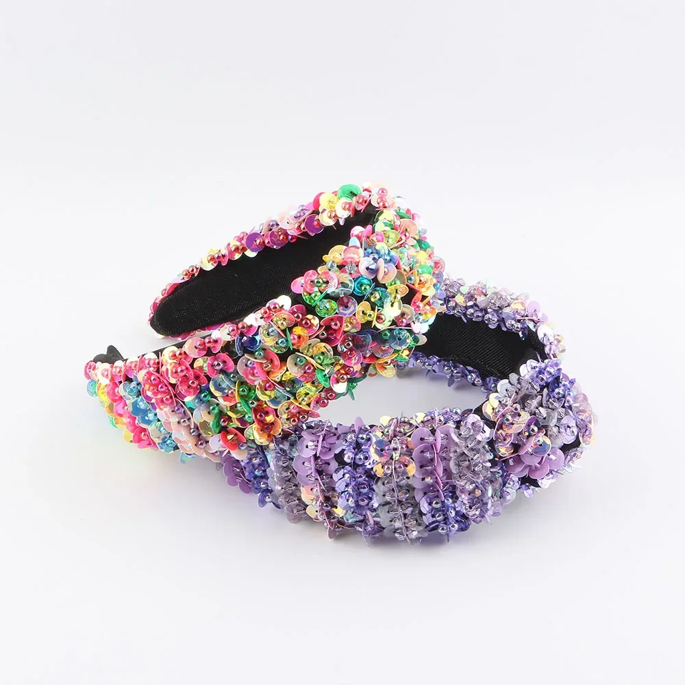 

New Fashion European and American Colorful Sequined Crystal Headband Versatile Wide-Brimmed Popular Hairband for Women