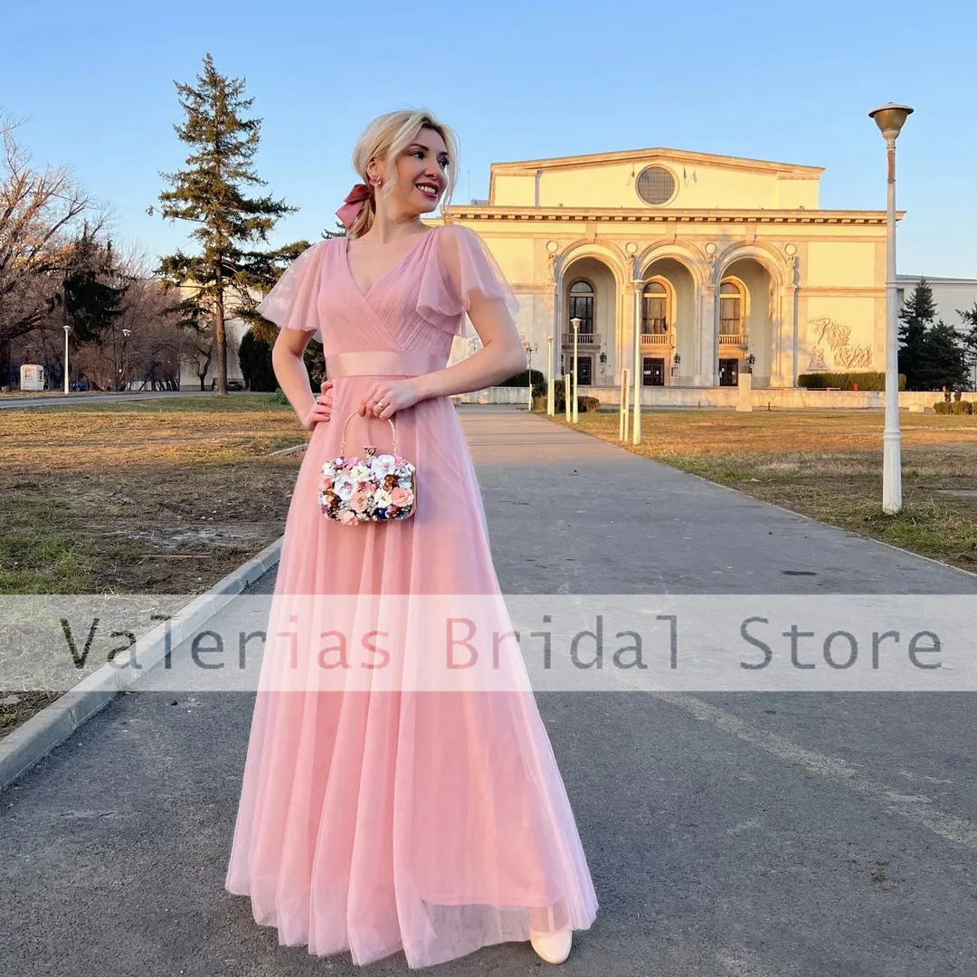 Vestido de dama longo decote em v, Vestido rosa, Vestidos elegantes, Vestidos Formais, Vestido de noite