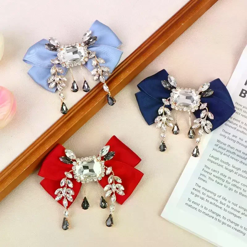 New Fabric Bowknot Brooches Rhinestone Tassel Bow Tie Female Shirt Collar Pin Vintage Corsage For Women Accessories