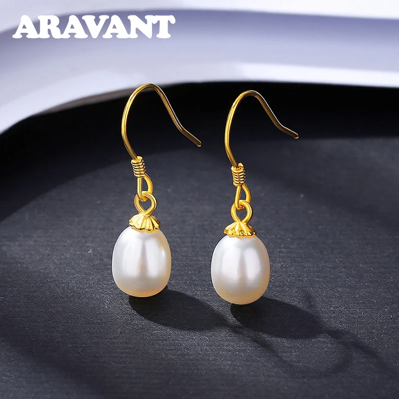 

925 Silver 18K Gold Pearl Drop Earring For Women Fine Party Wedding Jewlery