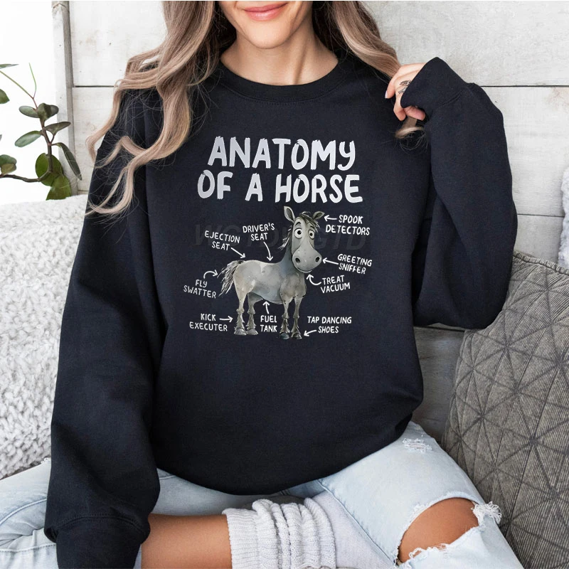 Anatomy of A Horse Print Women Fashion Casual Hoodies Horse Lover Gift Horse Rider Pullover Farm Funny Classic Retro Sweatshirts