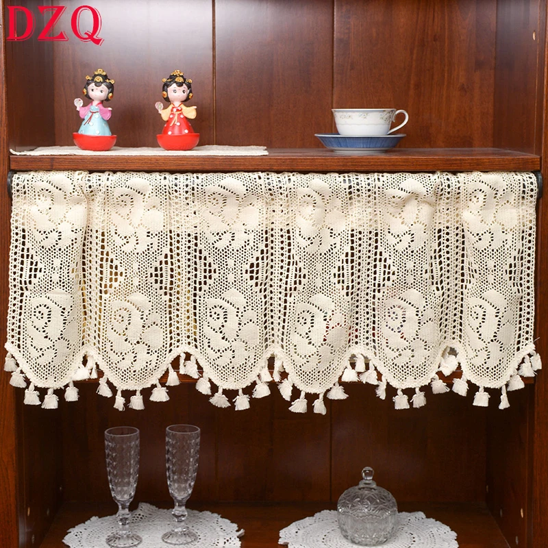 American Country Crochet Wave Hollow Short Curtains for Roman Window Kitchen Manual Rhombus Tassels Half Curtains Valance #A615