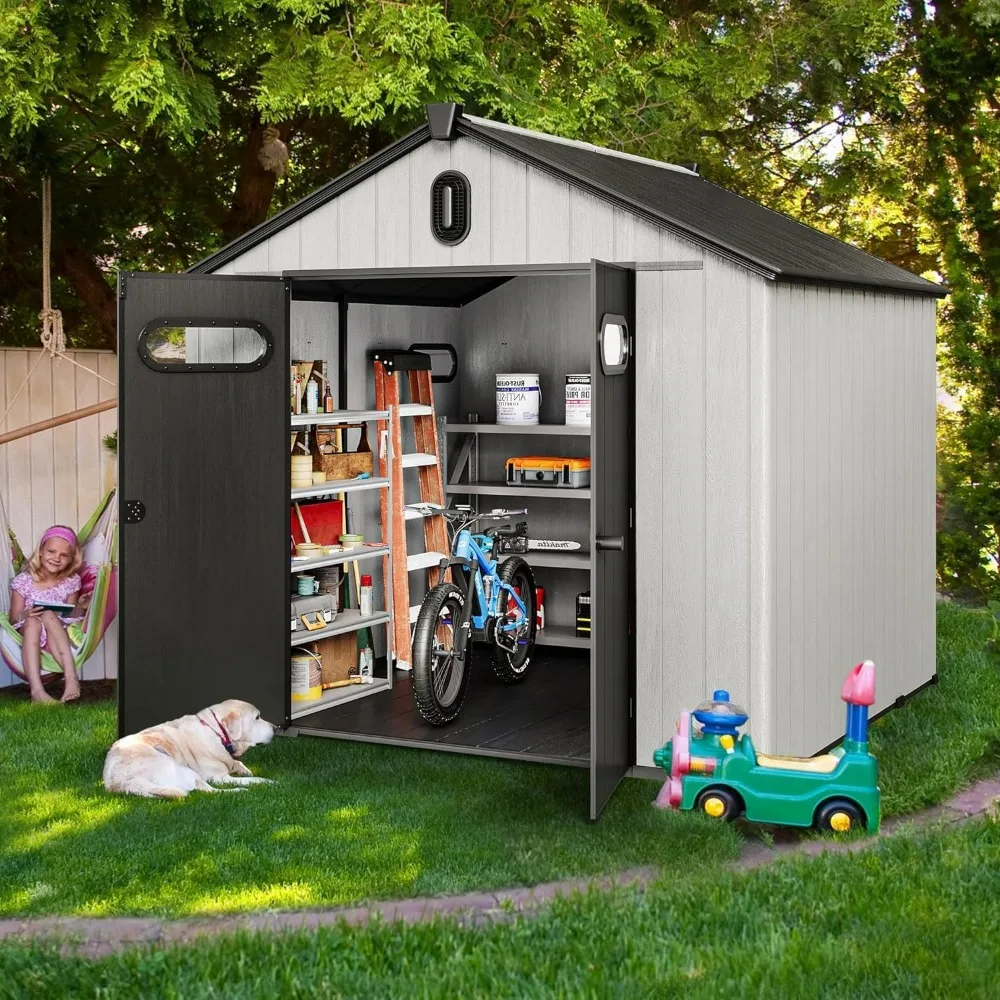 8x8ft Outdoor Plastic Storage Shed with Floor, 427 cuft Waterproof Garden Shed with Lockable Door Windows Vents Plastic  Sheds