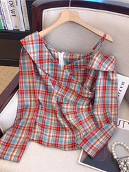 Women's Red Plaid Shirts and Blouses Y2k 90s Aesthetic Streetwear Vintage Korean 2000s Elegant Long Sleeve Shirt Fashion Clothes