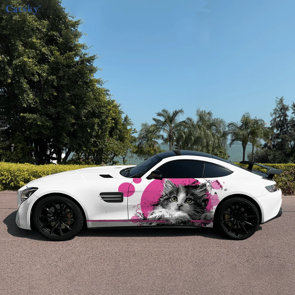 

Cute Cat Colorful Splash Ink Car Vinyl Wraps Decal Self-adhesive PVC Sticker Suitable for Trucks SUV Decor Auto Accessories Gift