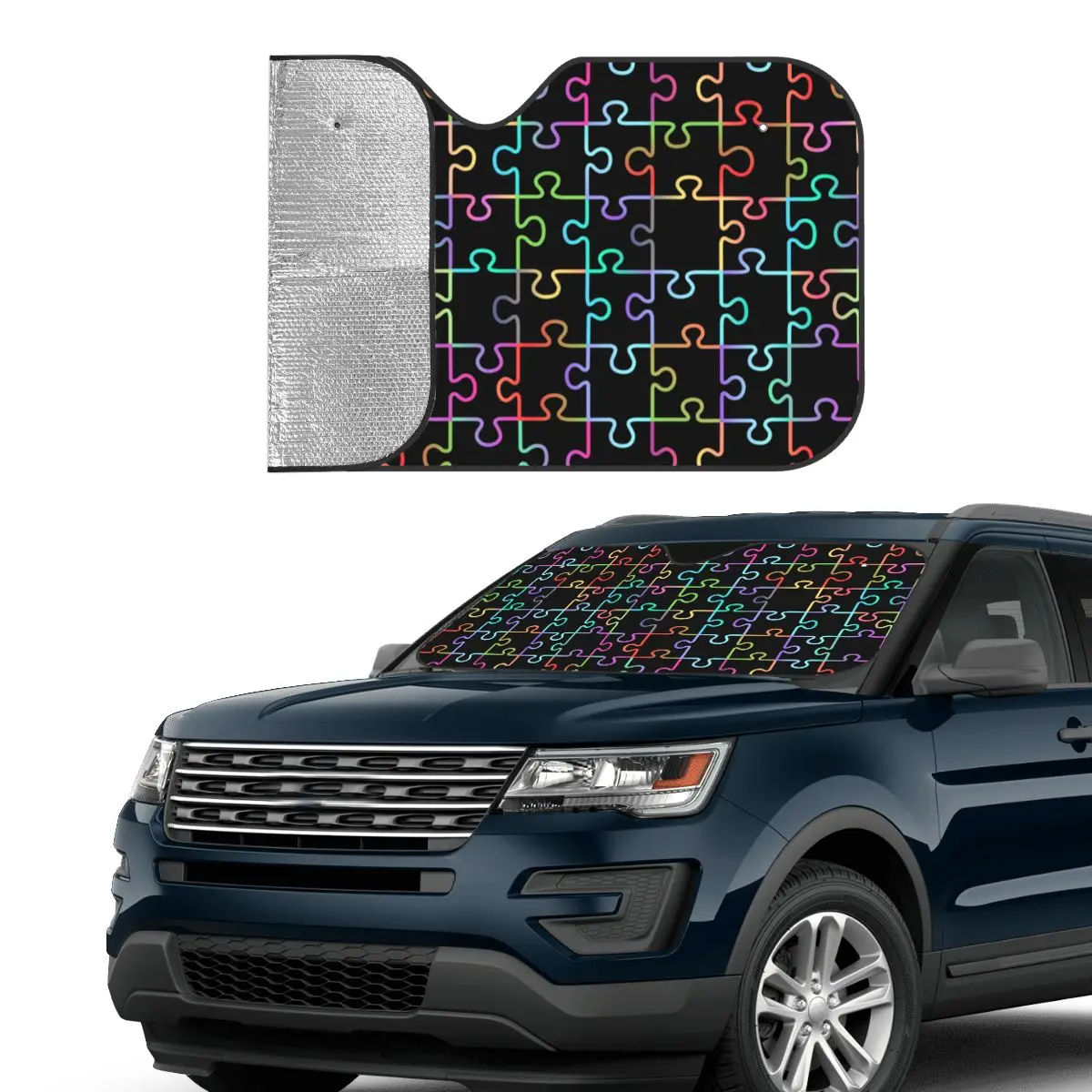 Neon Puzzles Rainbow Style Windshield Sunshade Game Jigsaw Puzzle Funny Car Front Windshield Sun Visor Blinds Sun Shade Protect