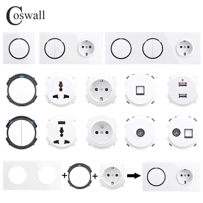 COSWALL R11 DIY Free Combination EU French Wall Socket USB Charger Female HDMI-USB 3.0 TV RJ45 CAT6 Modules White Tempered Glass