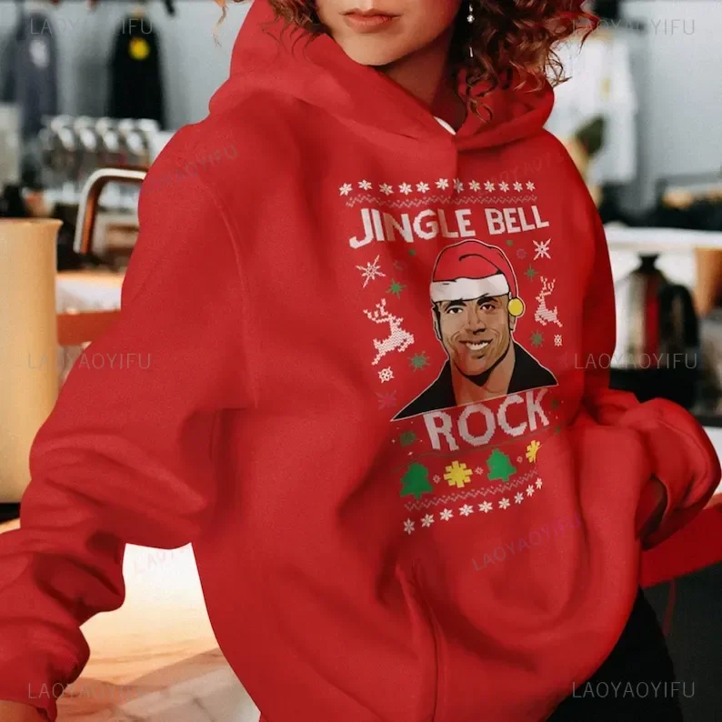 The Rock Christmas Ugly Christmas Sweater Jingle Bell Rock Woman Man Red New Year Xmas Hoodie Autumn Winter Drop Shoulder Hoody