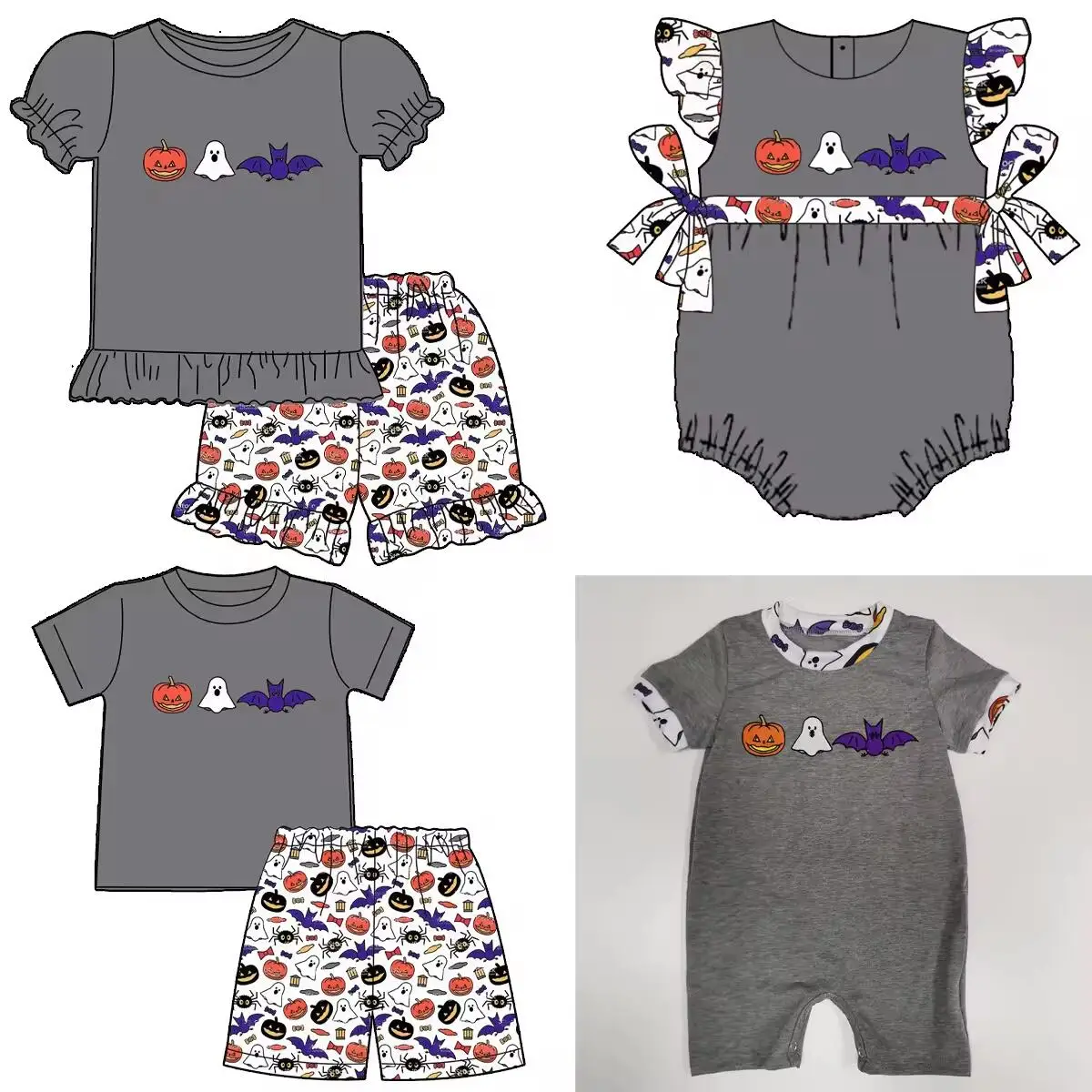 New Design Halloween Costumes Boys Girls Summer Costumes Matching Four Piece Gray Costume Bat Pumpkin Print Boutique Baby Set