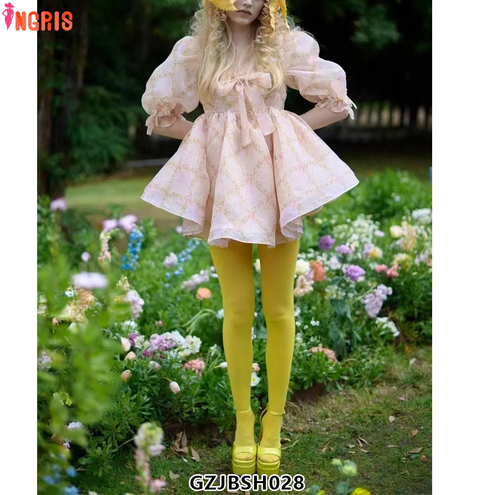 

2025 Summer New Square Neck Puff Sleeve Bow Tie Printed Princess Dress Short Dress Women-GZJBSH028