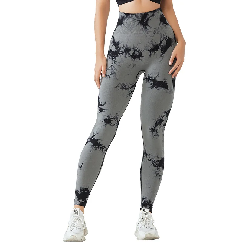 กางเกงโยคะลายพีชไท-ไดสำหรับผู้หญิง เอวสูง กระชับสัดส่วน ยกสะโพก กางเกงฟิตเนสไร้ตะเข็บ กระชับรูปร่าง