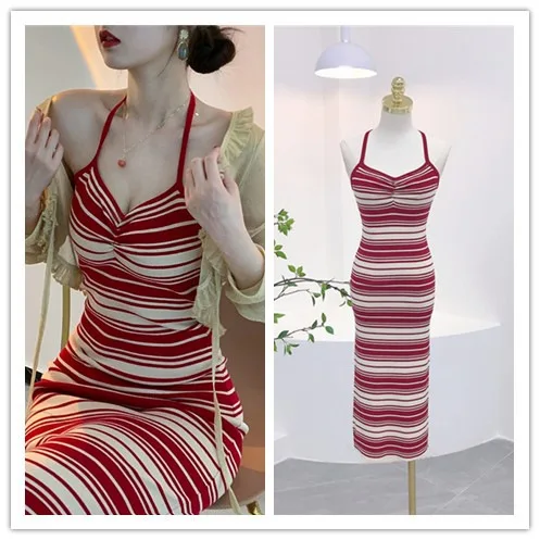 6219 Sommer Neues Hong Kong Stil Farbblock Gestreiftes Schlankheits-Krawatte Neckholder Gestricktes Langes Kleid