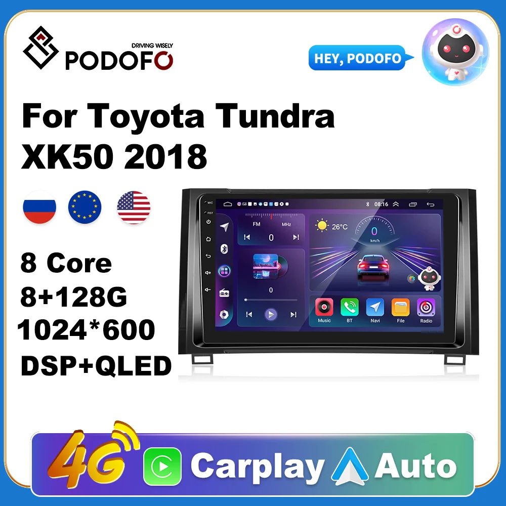 Podofo Wireless CarPlay Andorid Auto Car Radio For Toyota Tundra XK50 2018 AI Voice Multimedia GPS 2din autoradio