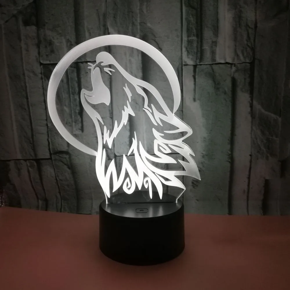 3D LED Lamp Wolf Head Bedtime Illusion Touch Lamp Night Light Dimmable 7 Colors Wolf Light Kids Bedside Lamp