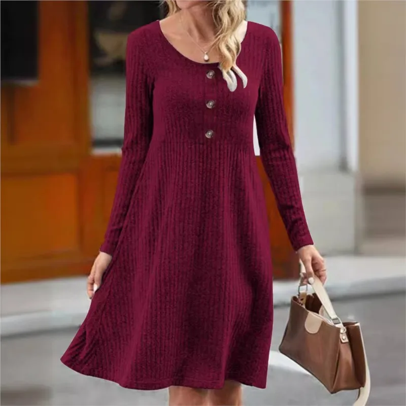 Women's Fashion Knitted Long Sleeve Dress Autumn New Collection Women's Vacation Leisure Pine Solid Color Pit Strip Sleeve Dress