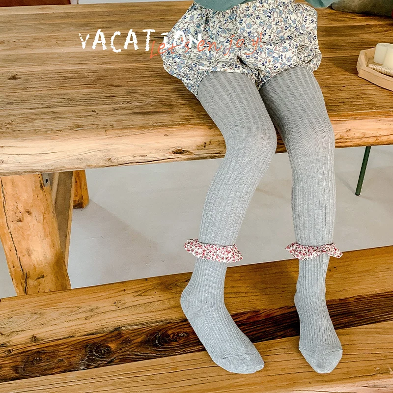 Solid Tone Pantyhose For Lovely Girls Decorated With Delicate Tiny Floral Lace Fringe On Ankle Comfort Moderate Stretch Leggings