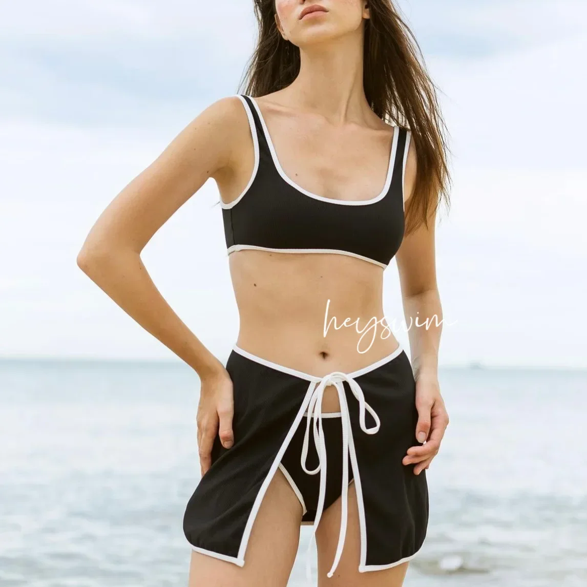 High Waist Women's Bikini Set Thermal Spring Suit Diamond Pattern Sexy Cover up Three Piece Korean Style Swimming Costume