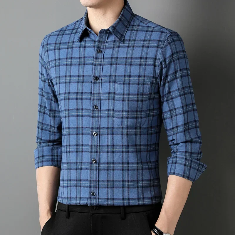 New in shirt 100%cotton sanding long-sleeve shirts for men big size plaid Smart Casual slim fit EnglandStyle soft office clothes