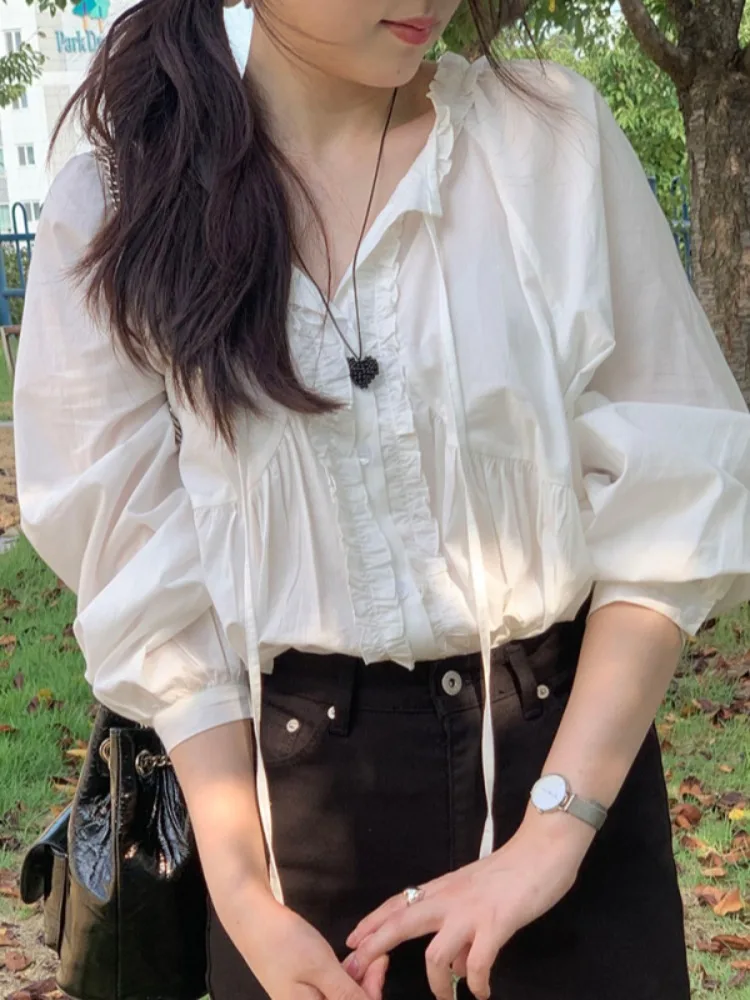 حزام أبيض طويل Sve V-Ne للسيدات irt كوري Sle فضفاض مناسب Fairy T مزين بحزام ربيع الخريف متعدد الاستخدامات شبه منتفخ...