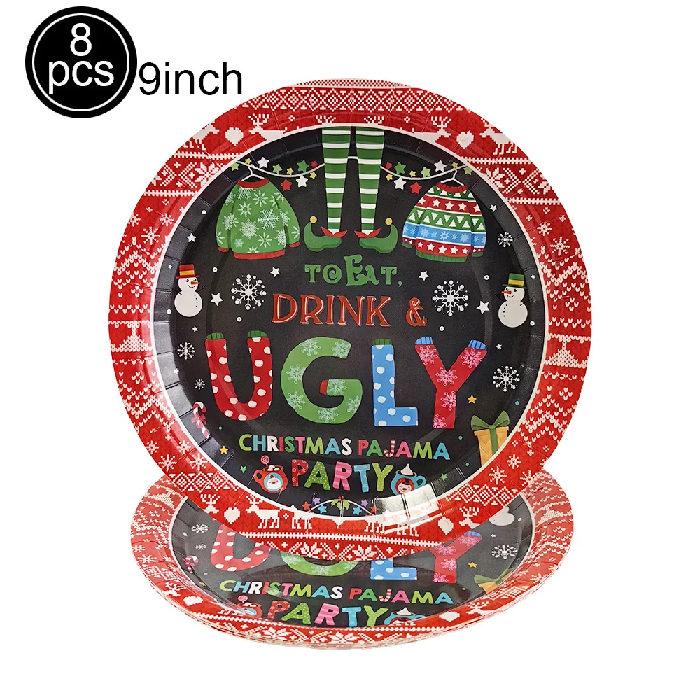 Christmas Ugly Sweater Party Tableware Disposable Plates Napkins Red Brick Tablecloth for Ugly Sweater Party Xmas Baby Shower