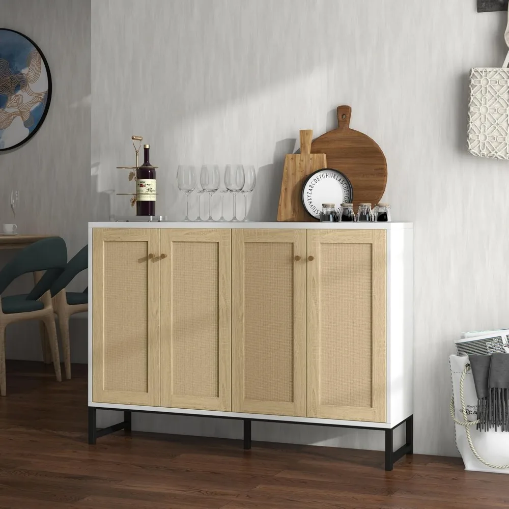 Sideboard Accent Storage Cabinet with Rattan Decorated 4 Doors Dining Room Freestanding Kitchen Buffet Table Cupboard (White)