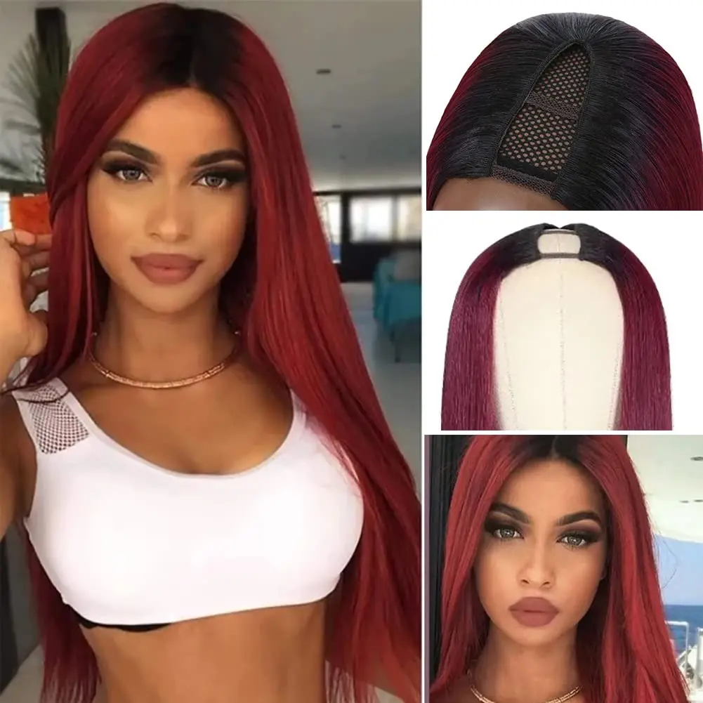 

180 Density Free Part Long Straight Ombre Burgundy 99j U Part Wig Brazilian Human Hair Wigs For Black Women Glueless U Shape Wig