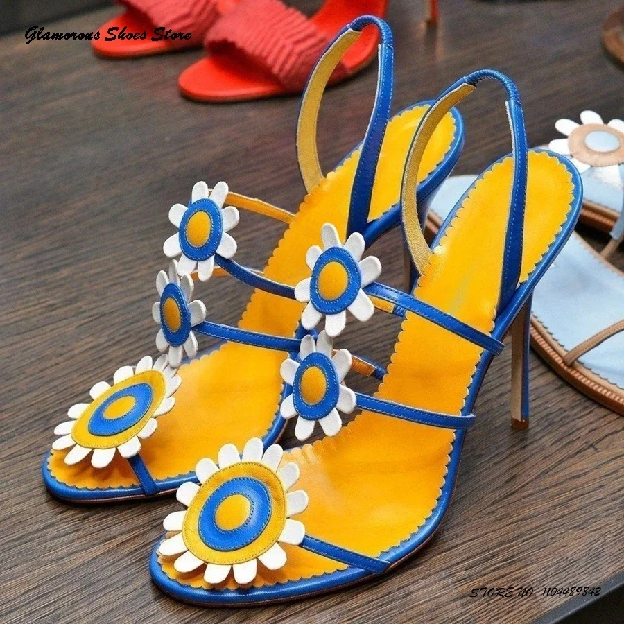 

Кожаные сандалии с открытой пяткой и цветочной аппликацией, женские туфли для вечеринок на тонком каблуке с круглым носком, летняя мода, подиумные туфли на шпильке