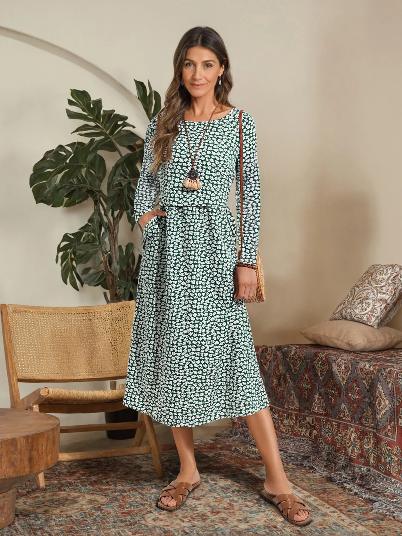 Women's Autumn and Winter Fashion Pocket Floral Print Dress