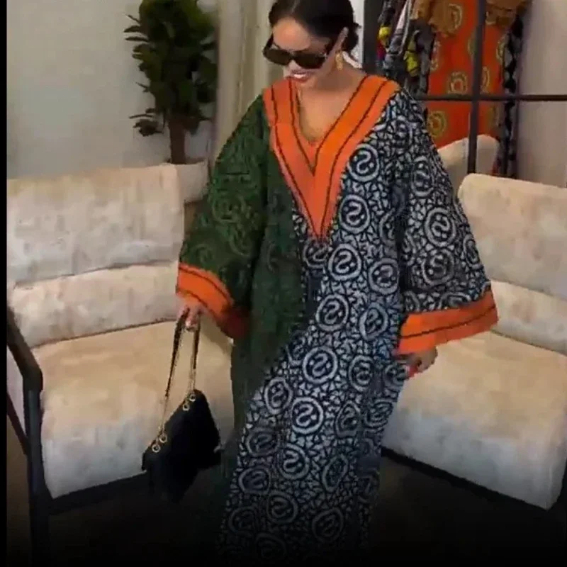 

Elelgant V-Neck Simple Loose Dress Women 2025 Spring Summer Holiday Printing Patchwork Maxi Dress Casual