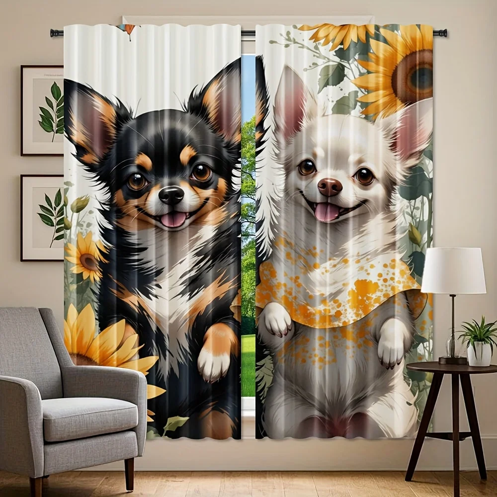 Chihuahua Sunflower Theme Print Drapes Room Darkening Window Curtains for Home Decor,Rod Pocket Blackout Curtains Bedroom