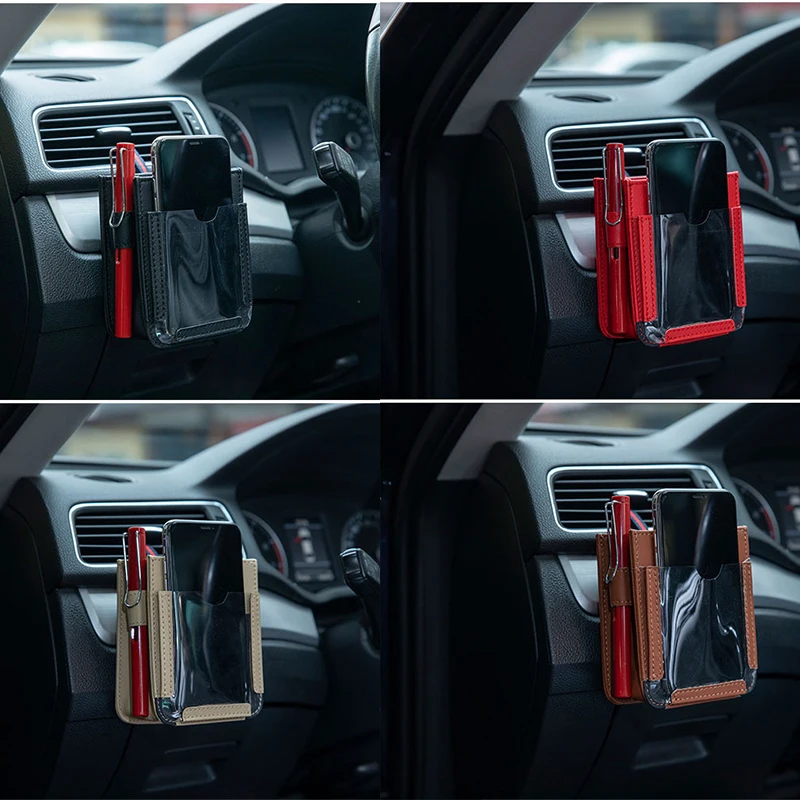 Car Air Outlet Pocket Leather Car Phone Storage Bag Multi-use Vehicle Organizer Cellphone Hanging Bag Auto Interior Accessories