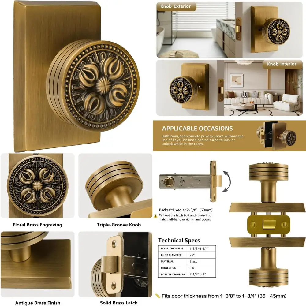 

Vintage Floral Privacy Door Knob - Solid Brass Decorative Handle, Secure and Durable for Bedroom Entrance
