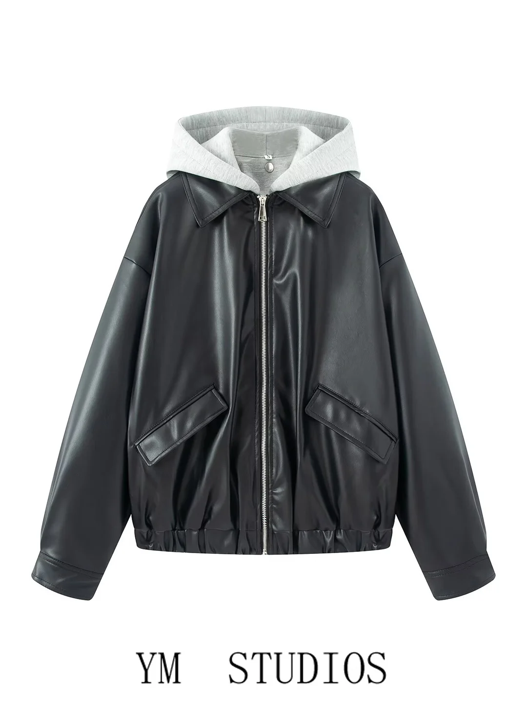 

Cool ort Zipper PU Leather Jaet Women's Detachable Hooded Jaet Spring Faion Outerwear Casual Sli