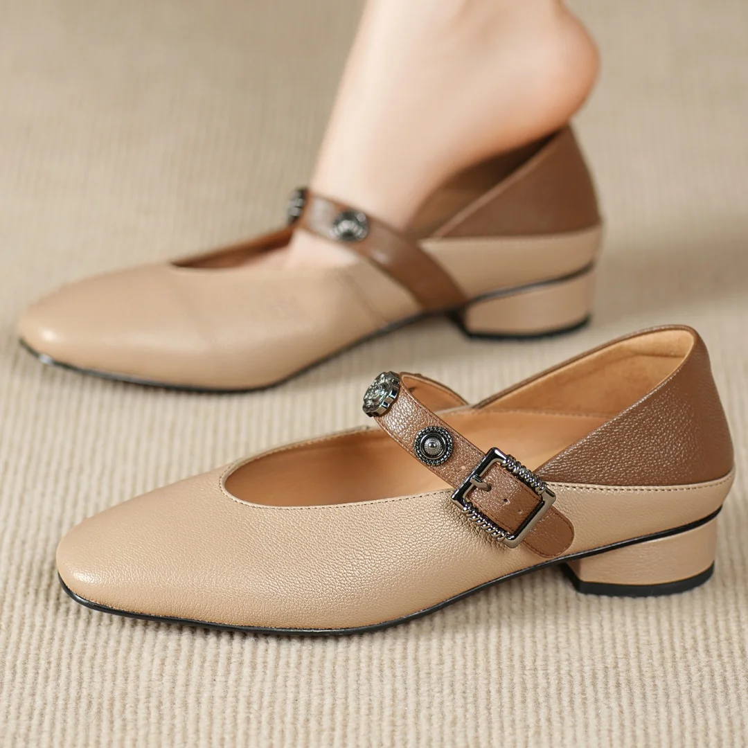 

Женские слипоны из овчины с металлической пряжкой Мэри Джейн на плоской подошве с заклепками и украшением, высококачественные мягкие удобные туфли на низком каблуке толщиной 3 см