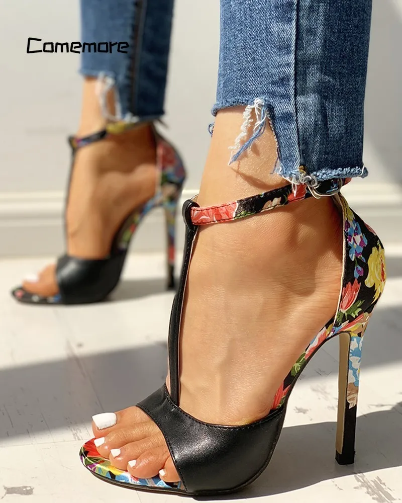 Comemore Open Toe Gladiator Shoes 2024 Woman Party Pumps Sexy Women T-strap Floral Print Sandals Summer Fashion Super High Heels