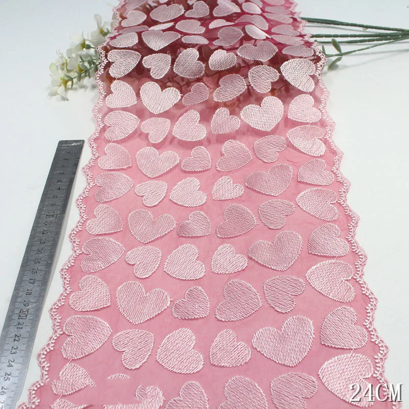 23Yards Embroidered Tulle Lace Trim DIY Dress Sewing Craft Pink Hearts Mesh Bilateral Embroidery Lace for Needle Work