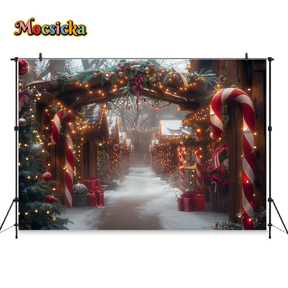 Mocsicka Christmas Photography Background Candy Cane Fairy Town Xmas Tree Light Backdrop Kid Photo Winter Snowy Photozone Studio