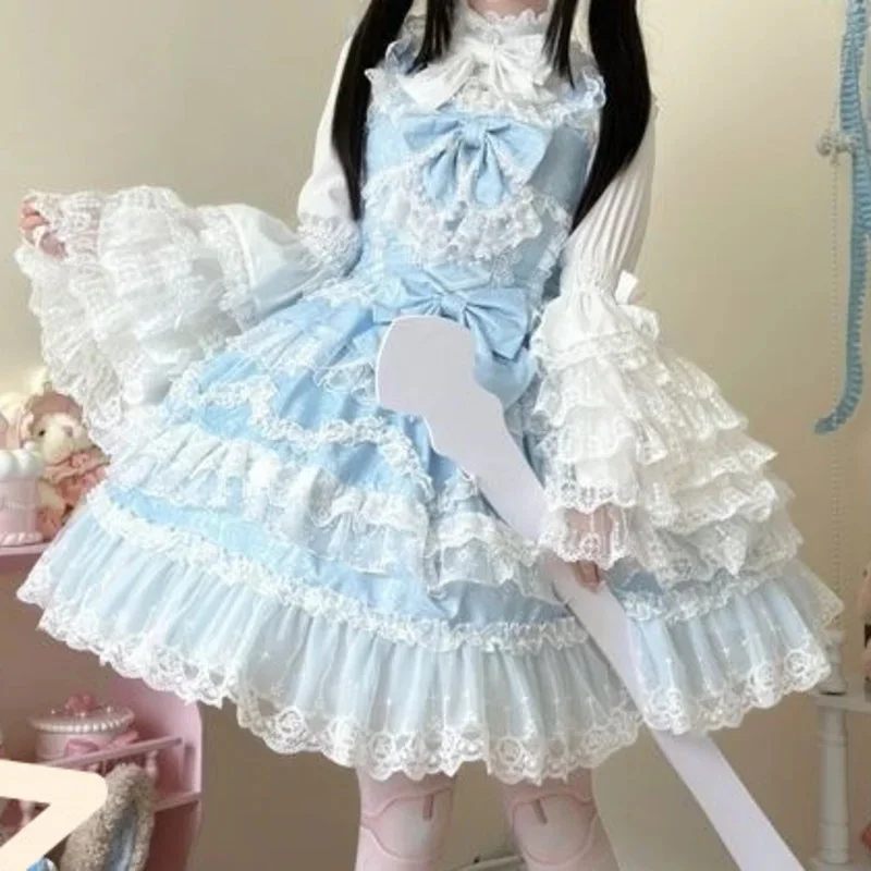 Bow Gothic Dresses Y2K Lolita JK Women Suspender Ruffle Edge Dress Twin Black Red Blue Dark A-line Long Sleeved Suspender Dress