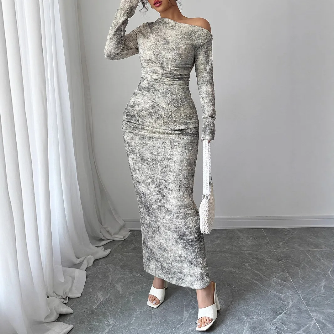 

Комплекты с юбкой, женские комплекты из двух предметов с принтом, облегающие платья с длинными рукавами, длинные юбки, тонкий косой воротник, элегантные обтягивающие летние комплекты 20л.