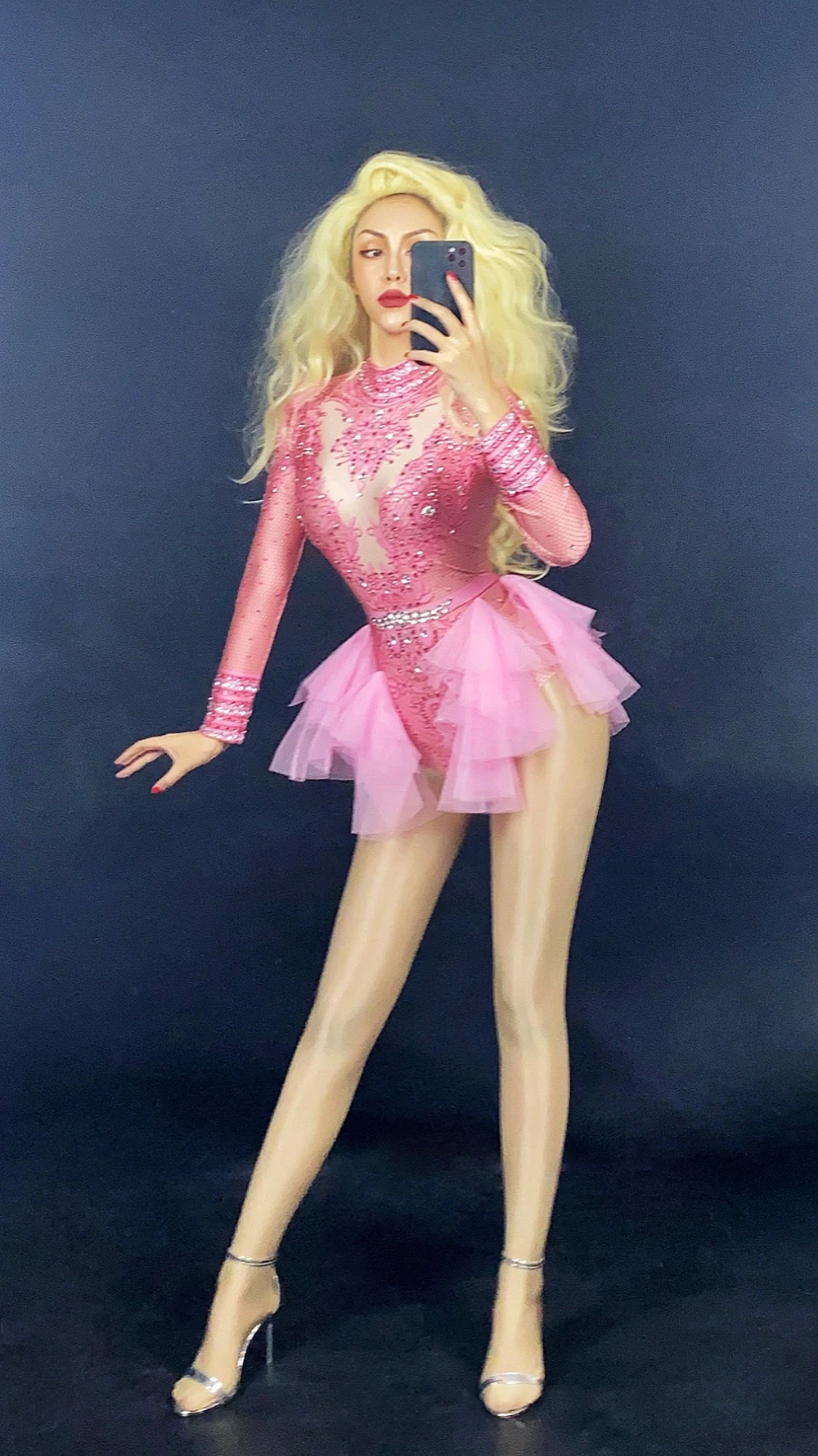 Lange mouw verjaardagsfeestje outfit danskostuum sexy showprestaties podiumkleding sprankelende strass roze kanten bodysuit