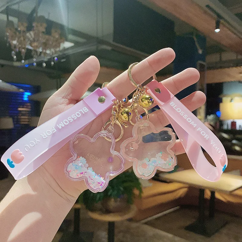 Fashion Flower Type Quicksand Hourglass Sakura Bottle Key Chain Girl Bag Pendant Cartoon Cherry Blossom Sequins Liquids Keychain