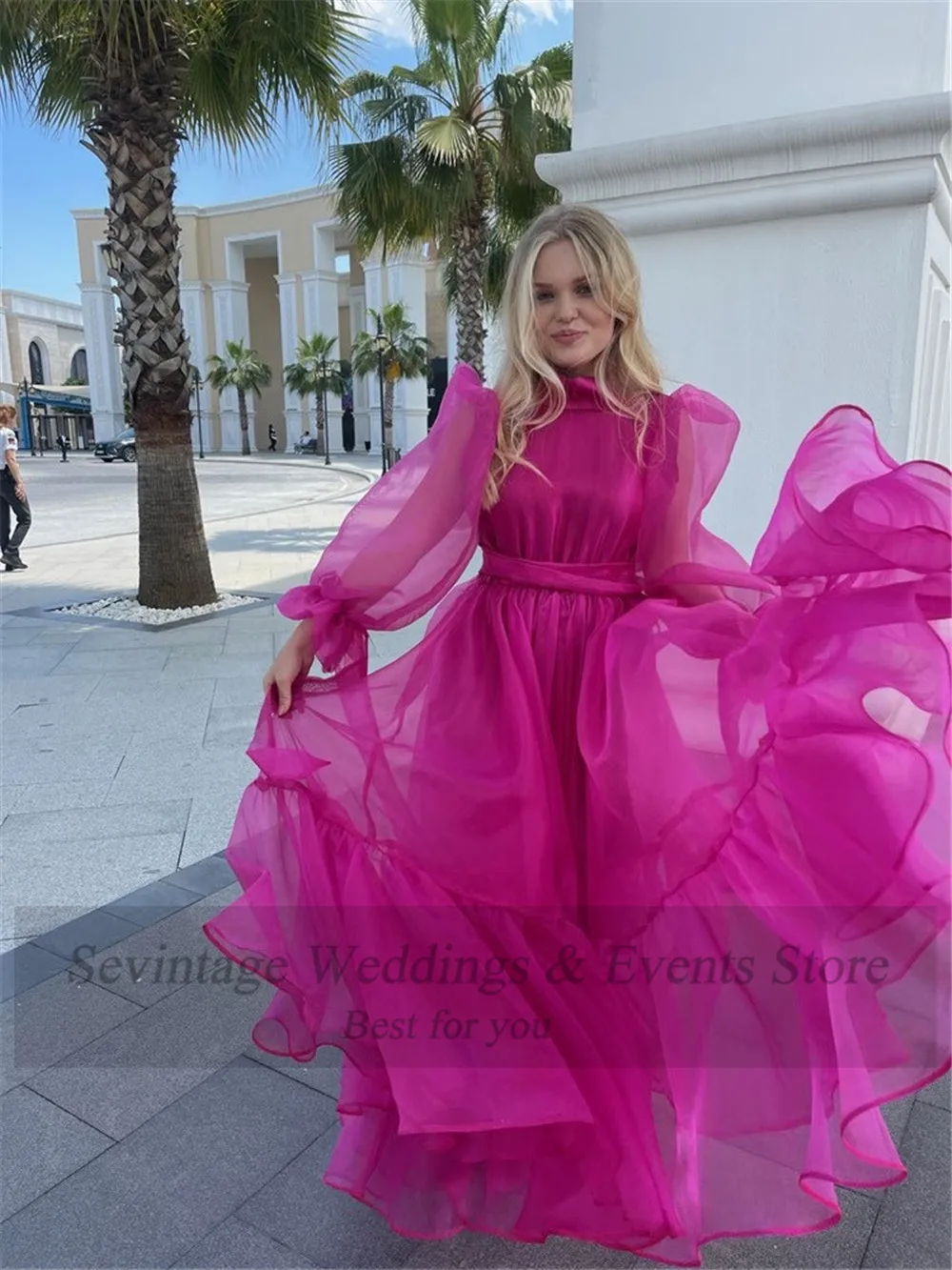 Sevintage A Line Fuchsia Organza Midi Prom Dresses Long Puff Sleeves High Neck Pleats Women Evening Gowns Party Dress with Sash