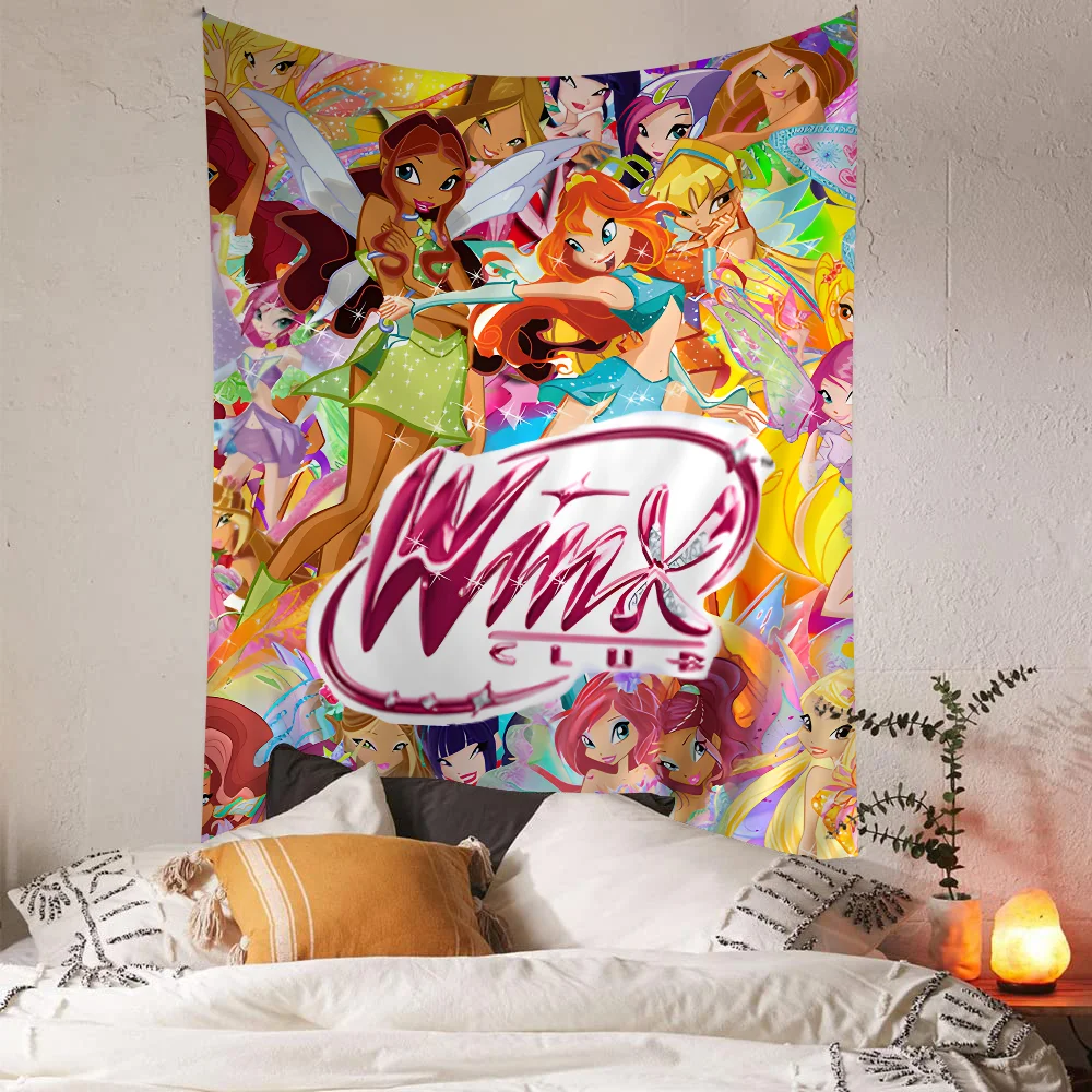 Girl-W-Winx Catoon Clubs Anime Tapestry Hippie Flower Wall tappeti Dorm Decor Wall Hanging Home Decor