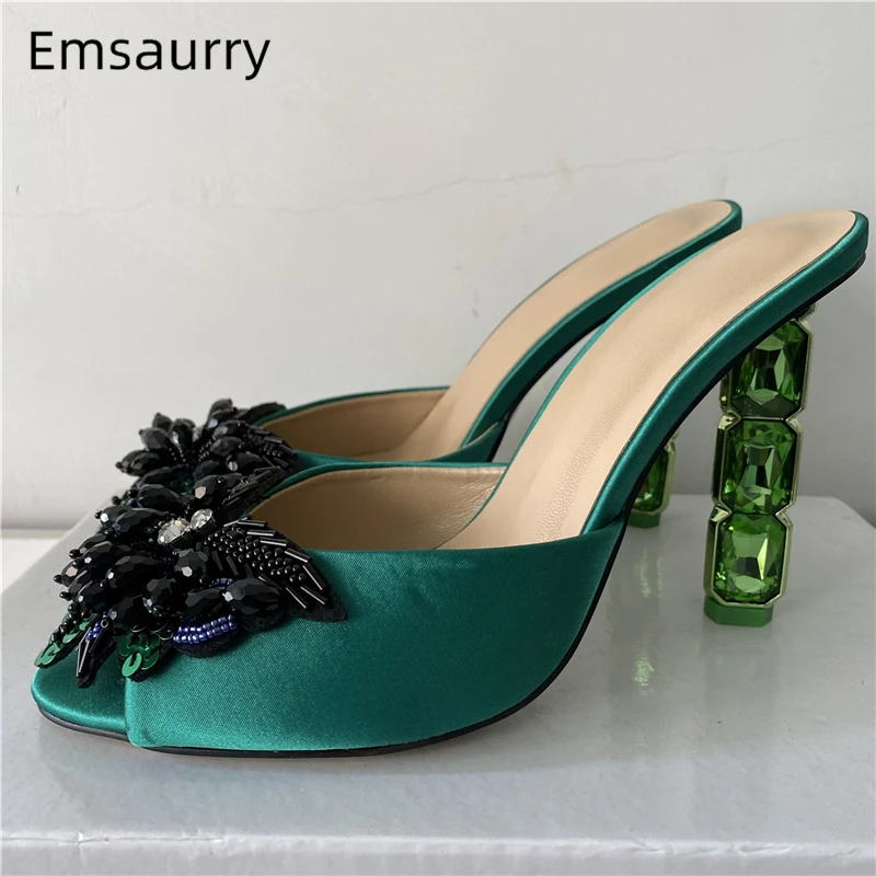 

Sequins Beads Butterfly-Flower Sandals Women Luxury Satin Slingbacks Diamond Triangular Prism High Heel Summer Mules