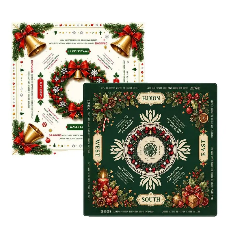 VIKAMA Christmas Mahjong Mat Wreath Bell Pine North South East West Print Non Slip For Living Room Game Night Family Decor