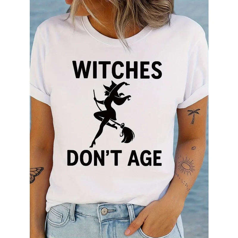 WITCHES DON'T AGE 재미있는 패턴 3D 프린트 통기성 빠른 건조 루즈하고 편안한 데일리 캐주얼 라운드 넥 반팔 티셔츠