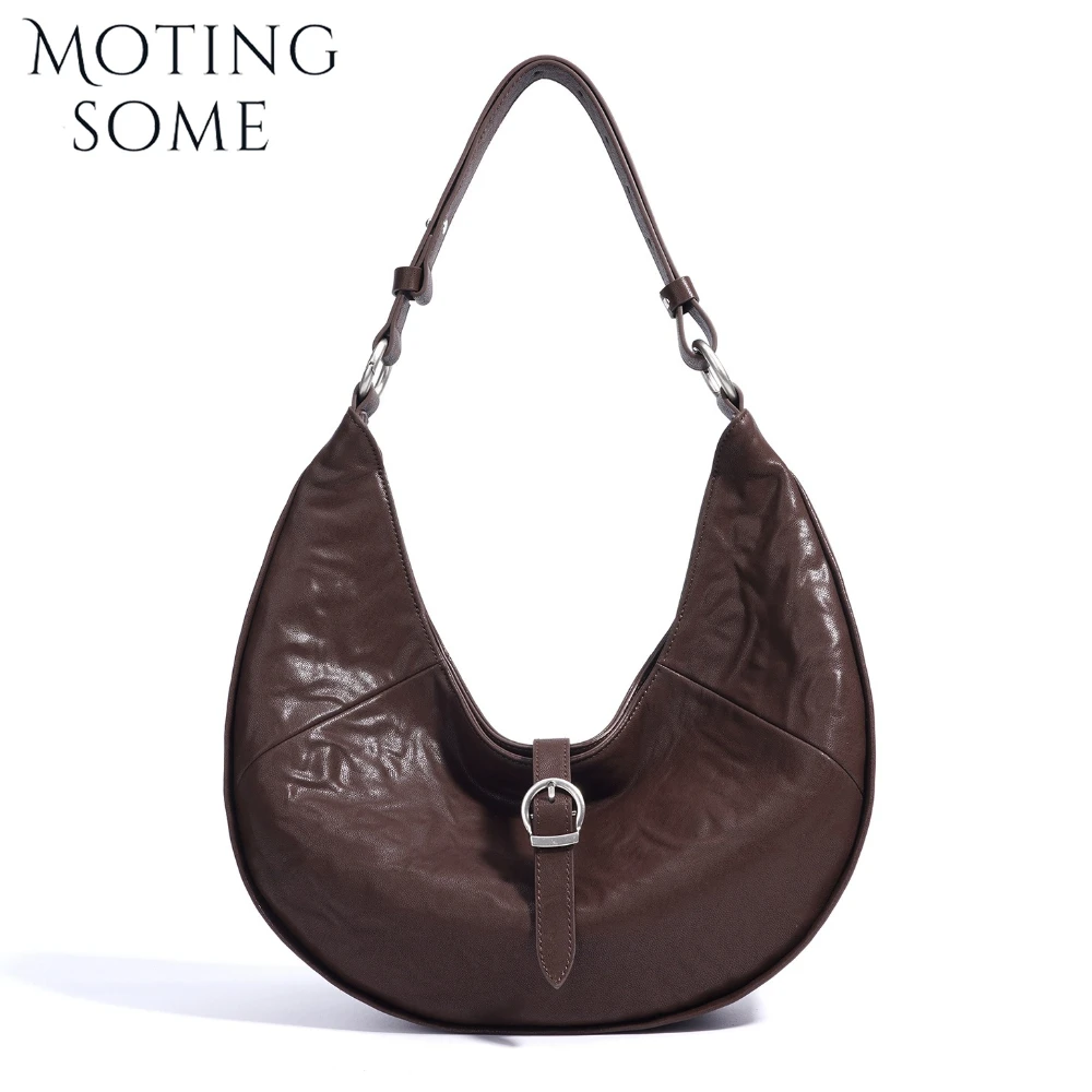 

Motingsome First Layer Cowhide Bag for Women 2025 New Retro Soft Leather Dumpling Saddle Bags Underarm Shoulder Messenger Purse