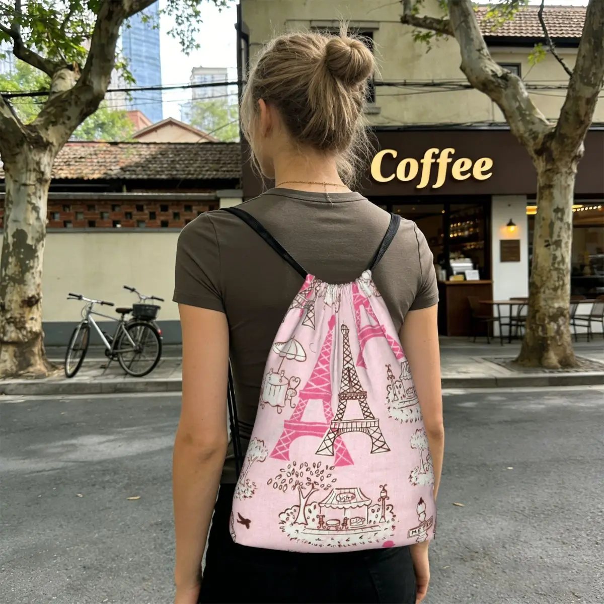 Romantic Paris Eiffel Tower Design Backpacks Portable Drawstring Bags Sports Bag Book Bags for Man Woman School
