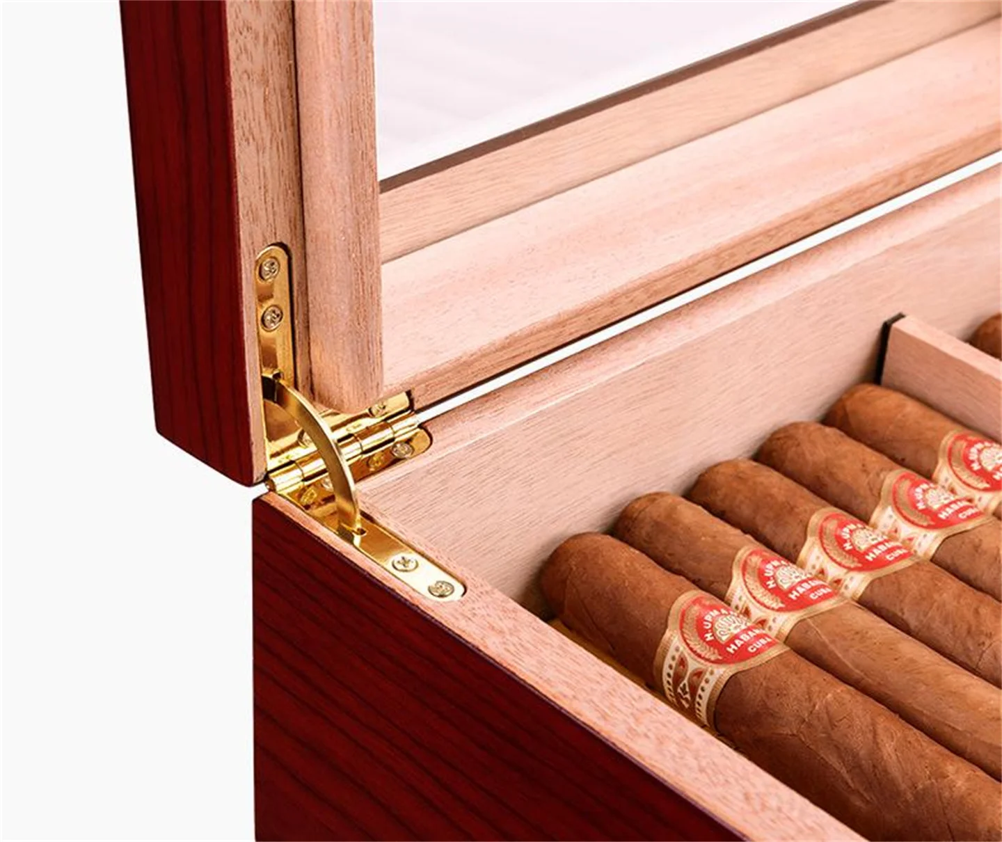 Glasstop Cigar Humidor Box , 50 unit Large Capacity With Humidity Control & Pest Resistance - Spanish Cedar Wood Piano Paint